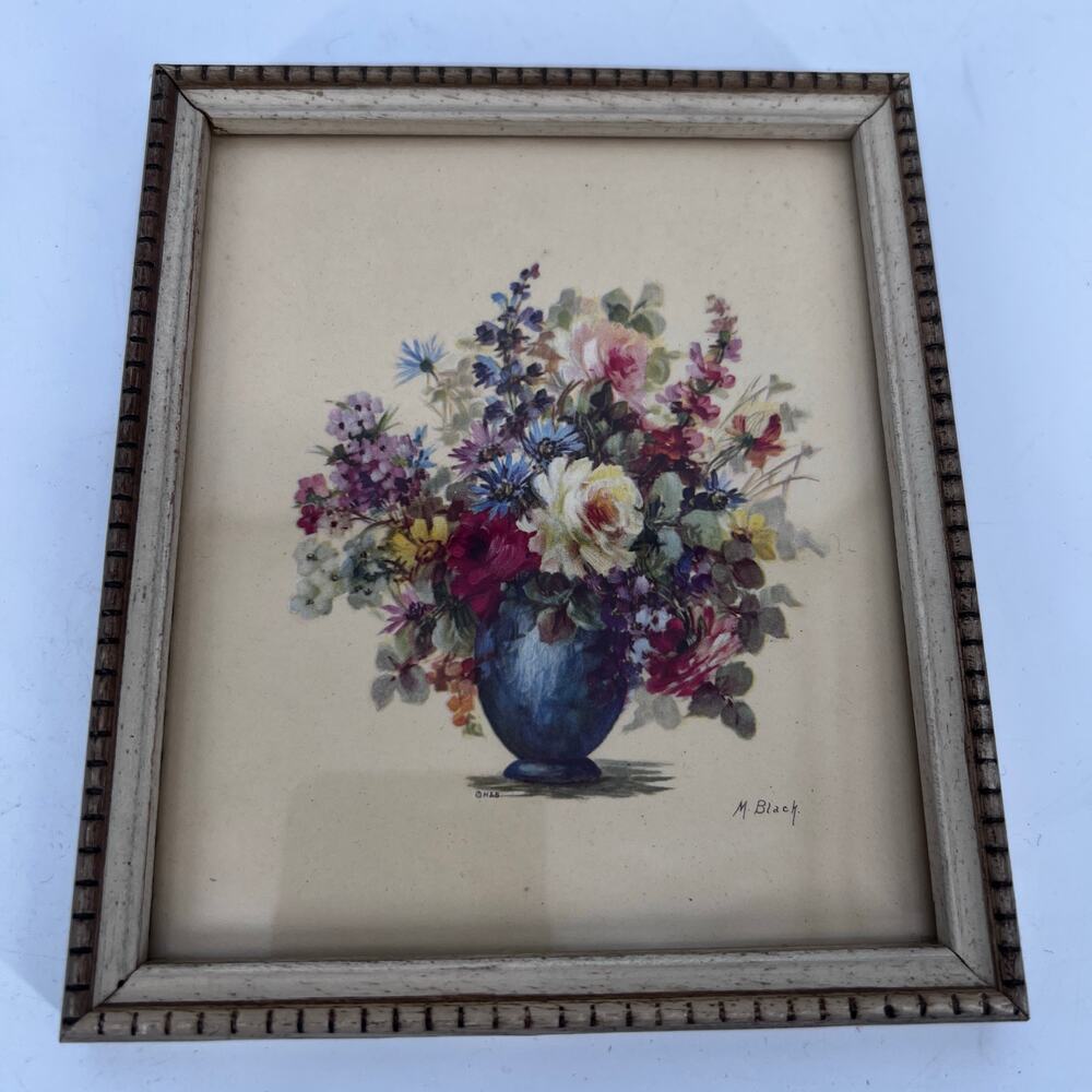 Vtg MCM Framed Floral Art Print Set of 2 M.Black 5.5 x 6.5 in Small Flower Vase - Picture 3 of 8